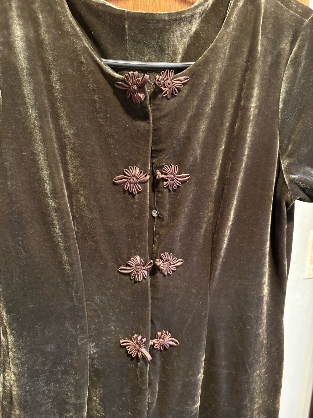 Velvet Dress with Decorative Floral Frog Closures - Olive Green